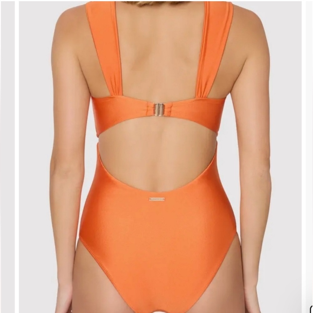 NEW Milly Betsy Gloss Bandeau One-Piece Swimsuit Large Orange Convertible Style - Picture 2 of 13